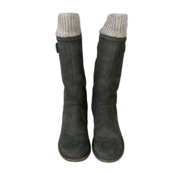 Ugg Skyfall Boots Women's Size 6 black gray leather wool  /sock Buckle wedge - Picture 2 of 13